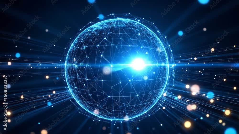 Poster abstract digital globe animation with glowing light streaks and data connections