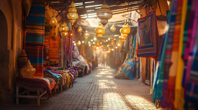 Vibrant moroccan souk alleyway illuminated by warm lantern light