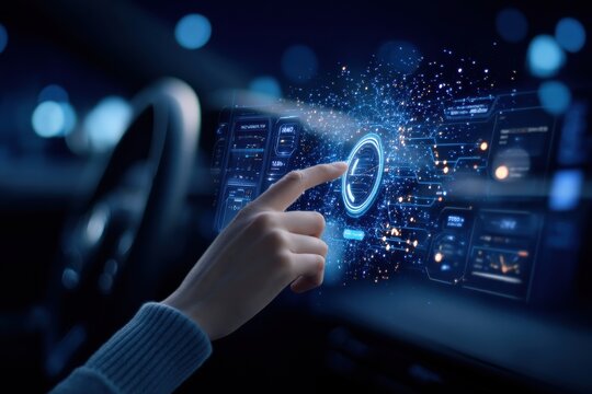 A hand interacts with a futuristic digital touchscreen interface inside a car, showcasing advanced technology and data visualization.