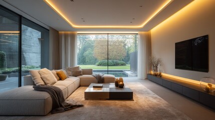 Fototapeta premium Modern living room with large windows and a view of the garden. Neutral colors
