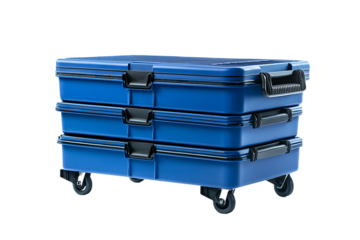 Stacked blue storage containers with wheels isolated on transparent background