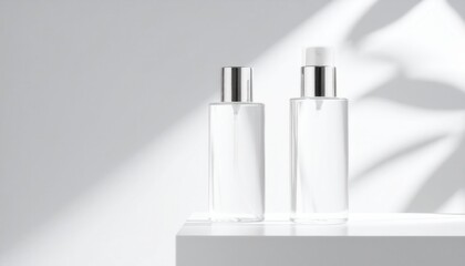 Minimalist beauty: Two clear spray bottles with silver caps on a white platform, dappled with leaf shadows.