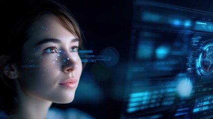 A woman interacts with a futuristic digital interface displaying holographic data and graphics in a high-tech environment.