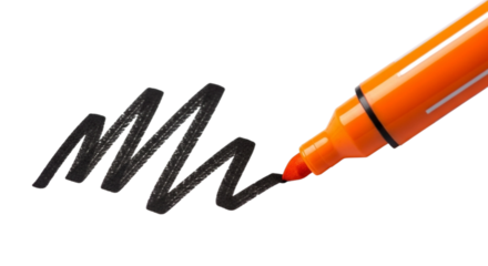 Orange marker drawing a black zigzag line isolated on transparent background