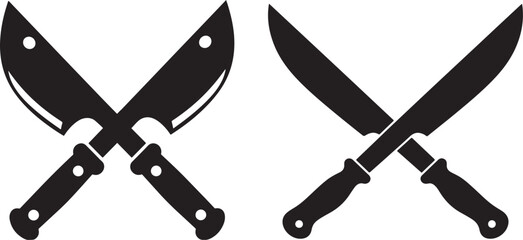 Two crossed chef knives in a black silhouette on a white background