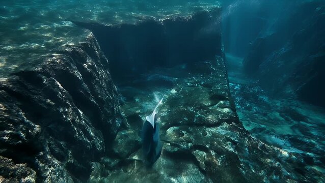 Deep sea trench with giant whale swimming in blue darkness
