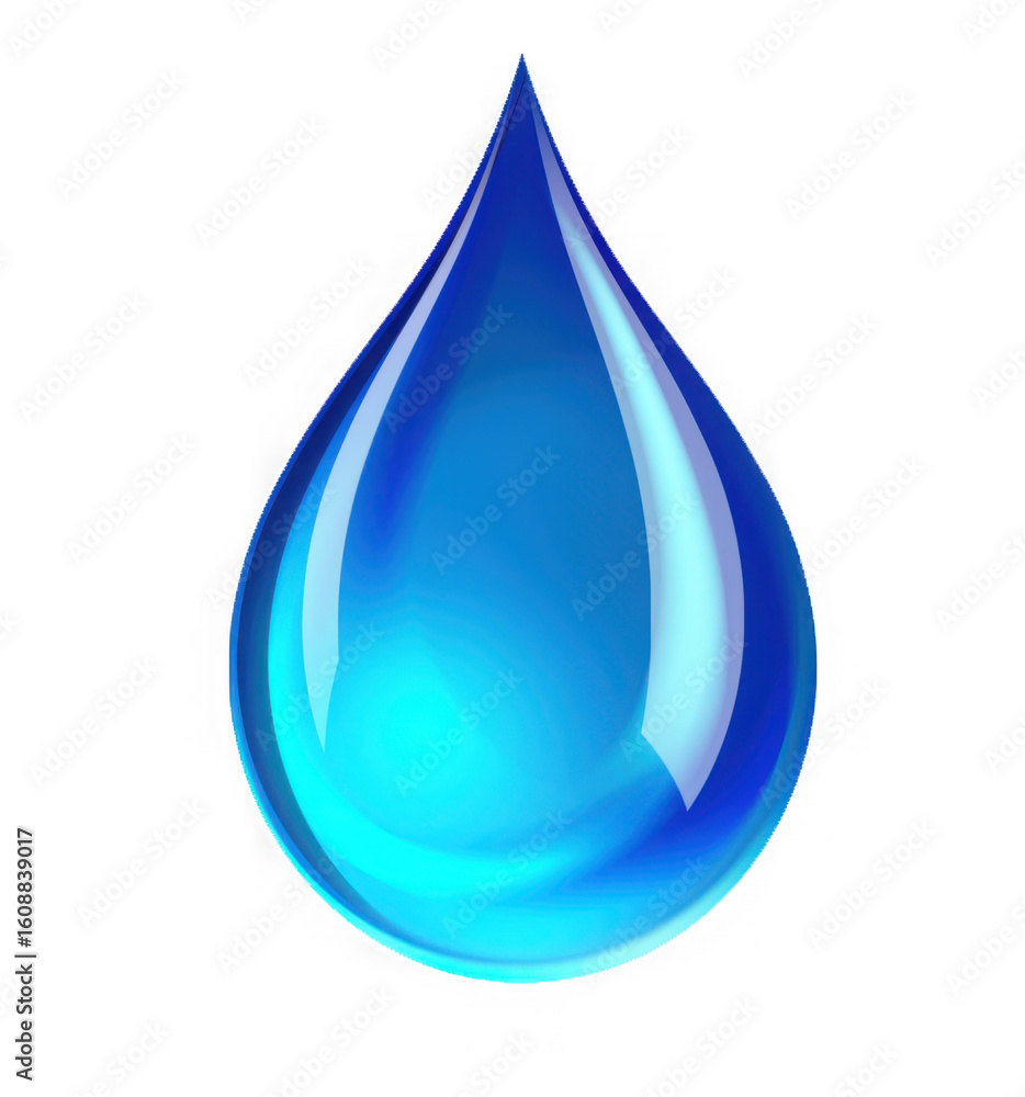 Poster a single glistening blue water droplet with a bright highlight isolated on a transparent background 