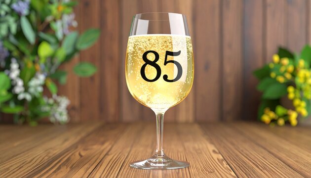 Glass of sparkling champagne with number 85 for 85th anniversary or birthday party