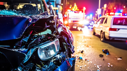 Car accident at night involving two vehicles with police arriving