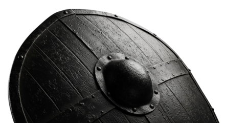 Close up of an antique round wooden shield with metal boss isolated on transparent background