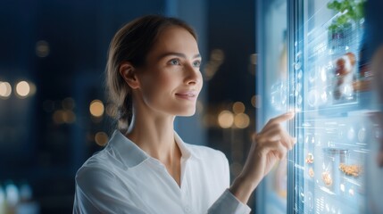 A focused woman interacts with a transparent digital interface displaying futuristic data and images in a modern tech environment.