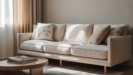 Sunlit Beige Sofa with Neutral Throw Pillows and Coffee Table in Modern Living Room
