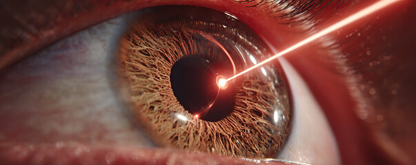 Laser treatment targeting a patient's eye during an ophthalmic procedure in a clinical setting, demonstrating modern eye care technology