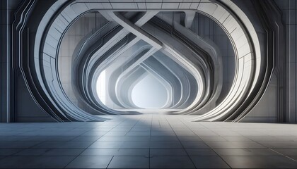 Fototapeta premium An empty architectural hall with large curved arches and smooth concrete surfaces is rendered with modern spacious atmosphere