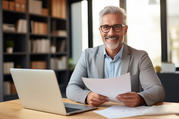 Smiling professional man reviewing documents at desk in modern office setting with laptop