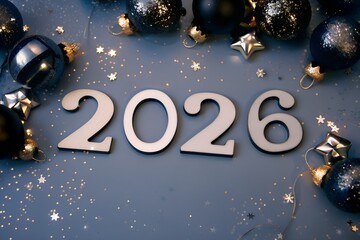 Elegant New Year 2026 Celebration Background with Golden Ornaments, Christmas Baubles, and Stars