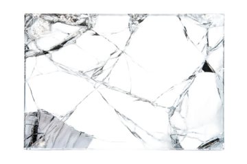 Shattered glass square with a web-like fracture pattern on transparent background