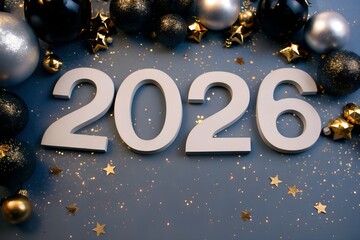 Elegant New Year 2026 Celebration Background with Golden Ornaments, Christmas Baubles, and Stars