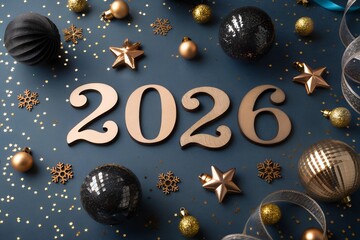 Elegant New Year 2026 Celebration Background with Golden Ornaments, Christmas Baubles, and Stars