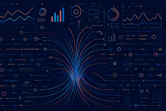 Complex Network of Data Visualizations with Charts and Flow Lines on Dark Background &ndash; Abstract Illustration of Interconnected Analytics and Insight Generation