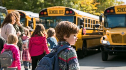 Elementary school boy with backpack standing in front of a yellow school bus on a sunny day, surrounded by children parents, as a teacher assists students boarding, symbolizing education daily commute