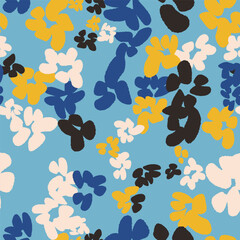 Fototapeta premium Floral colorful seamless pattern with abstract different flowers. Vector blue background, design, print