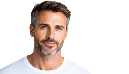 Portrait of a handsome mature man with salt and pepper hair smiling on an isolated white background
