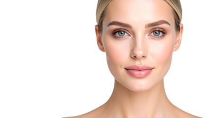 Captivating portrait of a beautiful, youthful woman with a glowing complexion, perfect for skincare and natural beauty concepts.