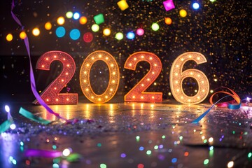Glowing 3D 2026 Numbers with Confetti Explosion and Spotlight in Festive New Year Celebration Scene