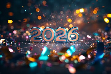 Glowing 3D 2026 Numbers with Confetti Explosion and Spotlight in Festive New Year Celebration Scene