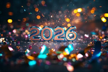 Glowing 3D 2026 Numbers with Confetti Explosion and Spotlight in Festive New Year Celebration Scene