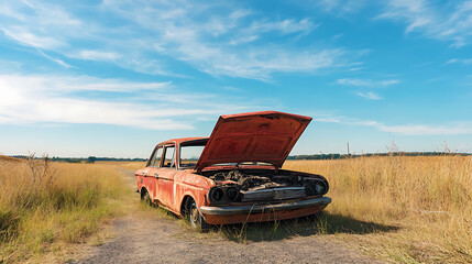 Rusty abandoned car with open hood in a field representing decay and nostalgia