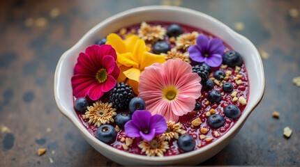 an acai bowl topped with edible flowers