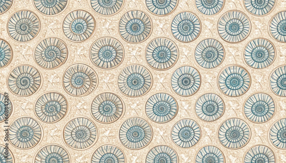 Poster abstract repeating pattern of blue spiral forms on a textured beige background
