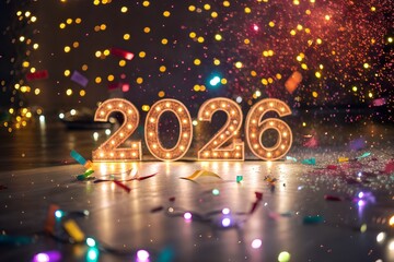 Glowing 3D 2026 Numbers with Confetti Explosion and Spotlight in Festive New Year Celebration Scene