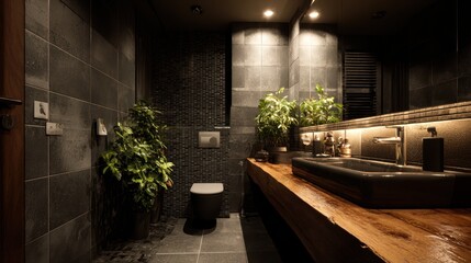 Modern, moody bathroom with dark tile, wood countertop, plants, and ambient lighting