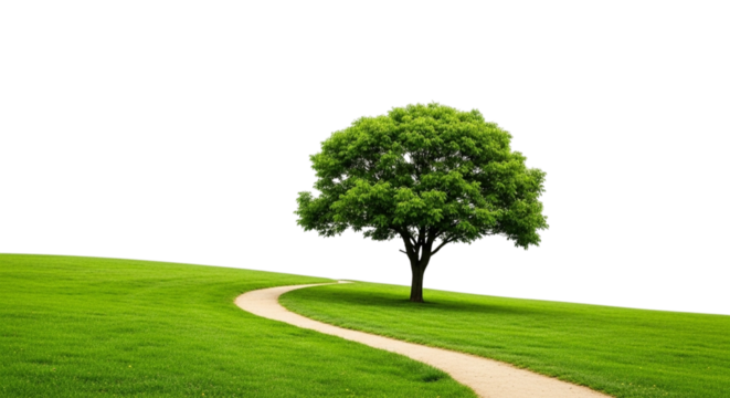 Green tree on a grassy hill with a winding path isolated on transparent background