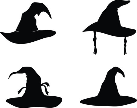 Set of Halloween witch hat black silhouette. Set of different witch hats vector illustration editable file. Witch, hat, halloween cap.