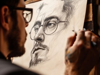 Fototapeta premium Close-up of an artist sketching while glancing at an instructional video