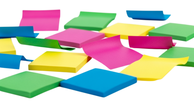 A pile of colorful sticky notes scattered on a white surface isolated on transparent background