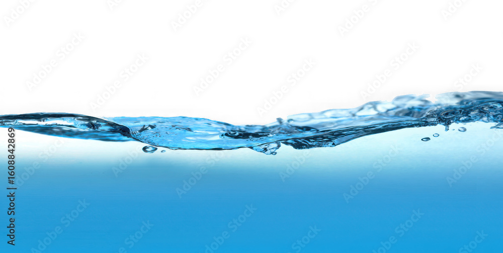 Poster dynamic splash of clear blue water with droplets and waves isolated on transparent background for cr