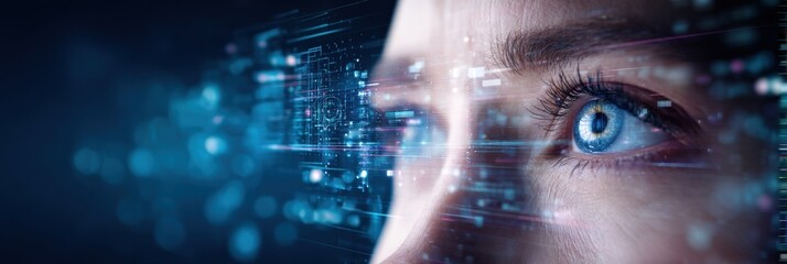 Close-up of a blue-eyed person analyzing digital data streams and futuristic holographic interface technology.