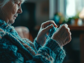 Close-up of an elderly woman crocheting while glancing at an instructional video. --ar 4:3 --v 6.1 Job ID: cb429791-7917-4c75-8ba4-976853b3782e