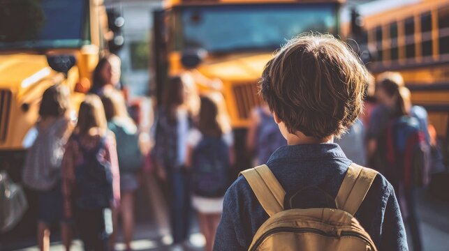 Elementary school boy with backpack standing in front of a yellow school bus on a sunny day, surrounded by children parents, as a teacher assists students boarding, symbolizing education daily commute