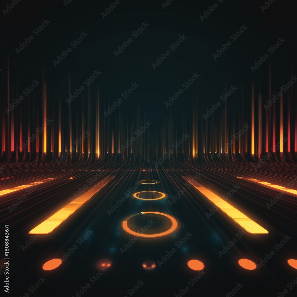 Poster illuminated path: a futuristic, neon-lit pathway extends towards a distant, glowing horizon, creatin