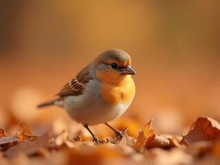 Fototapeta premium A Cinnamon Colored Sparrow Hopping Among Autumn Leaves Soft Golden Brown Background Shallow Depth of Field