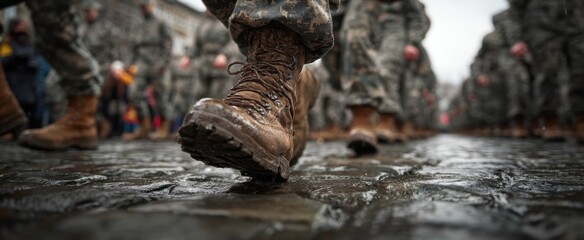 A worn, brown boot steps confidently through a puddle on a dark, textured , suggesting resilience and determination in challenging conditions.