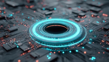 Circuit board with glowing circular interface