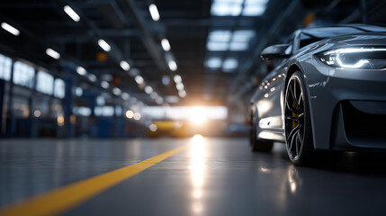 Stylized Industrial Car Service Center with Subtle Motion Blur, Reflective Floor Surfaces, and a Balanced Palette of Grays and Metallic Tones, modern car repair garage, auto workshop interior, automot