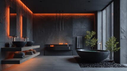 Modern bathroom with dark stone walls, a circular tub, and warm orange ambient lighting